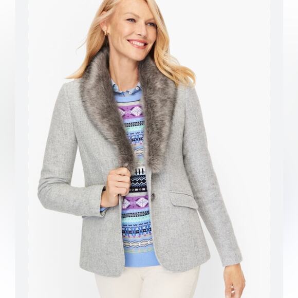 Talbots Faux Fur Collar (Removable) Gray Wool Blend Blazer Lined NWOT - Picture 1 of 11